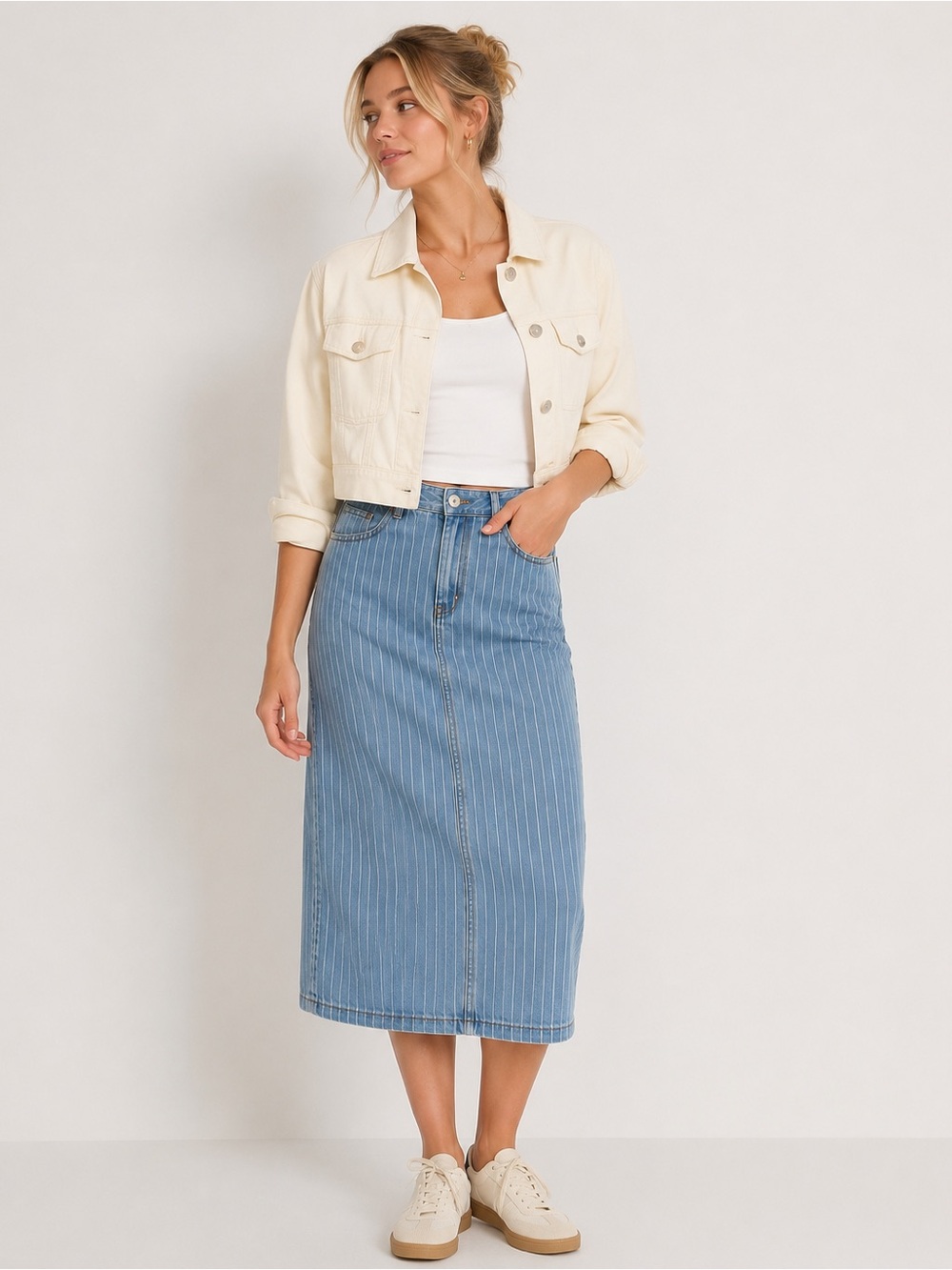 Anthropology The Territory Ahead Pinstripe Denim Midi Skirt Size 6